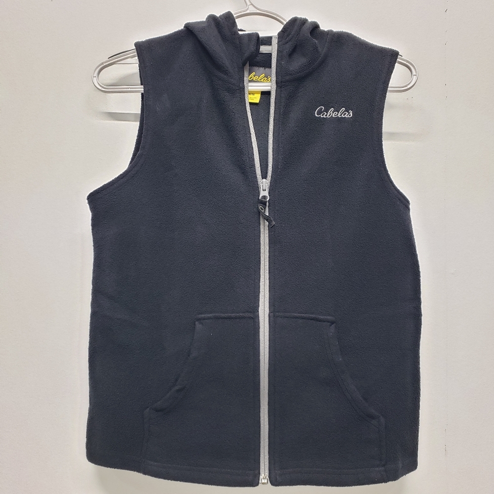 Cabela's Fleece Hooded Vest Full Zip Sleeveless Size M Black Cozy Layering